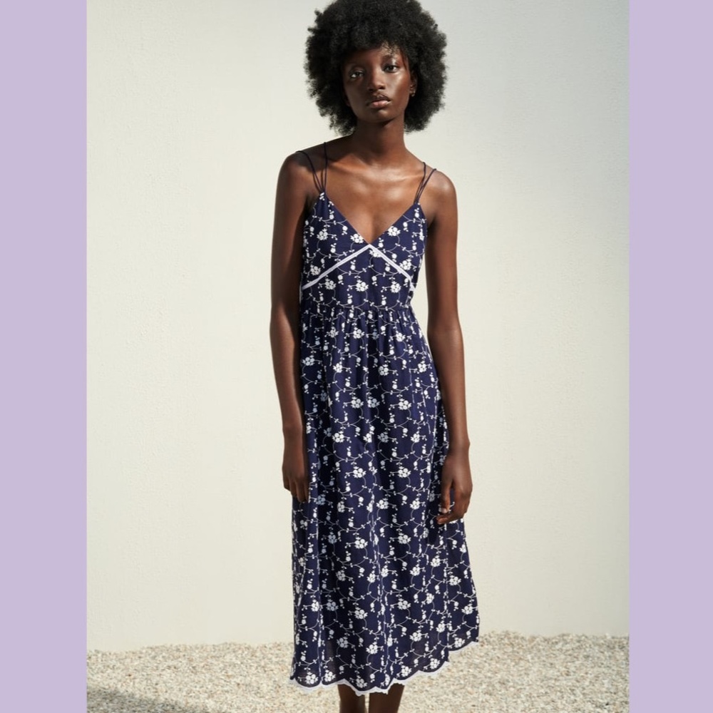 Zara STRAPPY EMBROIDERED NAVY DRESS